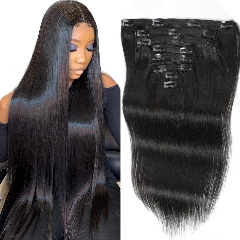 Seamless Clip In Hair Extensions Human Hair - Clip-In-Haarverlängerungen, glattes Haar, Echthaar, natürliches Schwarz,